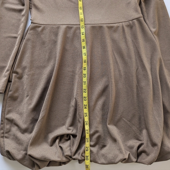 PLT Stretchy Long Sleeve Square Neck Puffy Hem Mini Dress Taupe - sz 12 - Picture 8 of 10